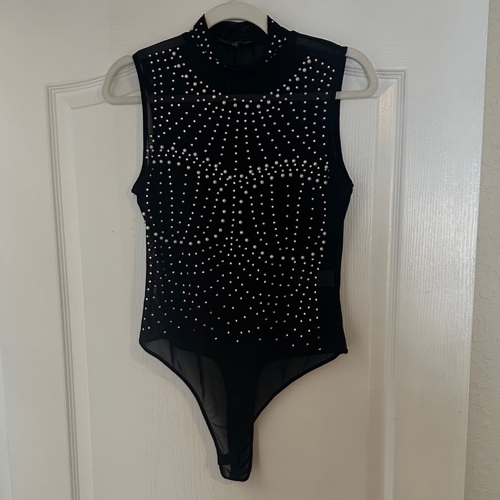 Black Sleeveless Rhinestone Bodysuit